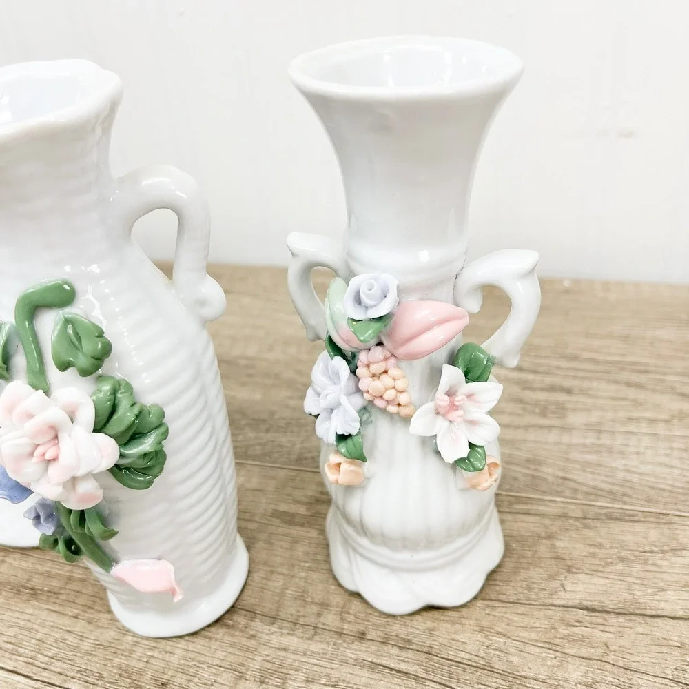Vintage White Porcelain Miniature Bud Vases Set of 3 Applied 3D Floral Accents